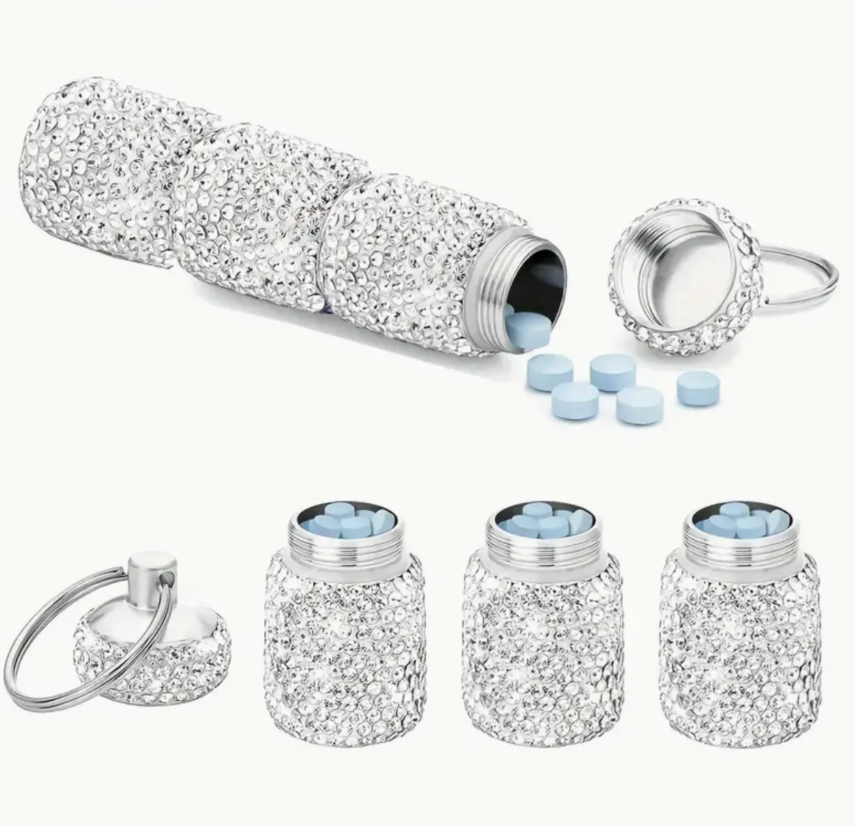 Rhinestone Triple Pill Holder Keychain with Strap