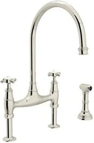 Rohl U.4718X-PN-2 Perrin and Rowe Deck Mount Bridge Kitchen Faucet with Sidespray with High C Spout and Cross Handles, Polished Nickel