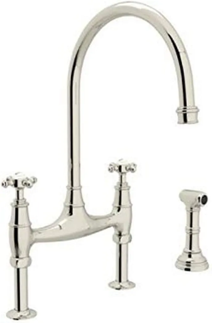 Rohl U.4718X-PN-2 Perrin and Rowe Deck Mount Bridge Kitchen Faucet with Sidespray with High C Spout and Cross Handles, Polished Nickel
