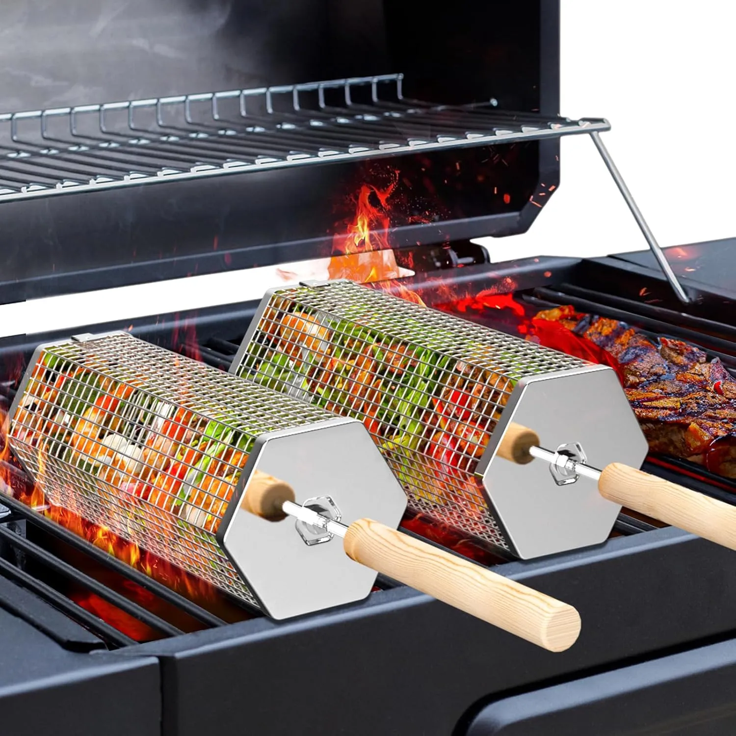 Rolling Grill Baskets(2PCS, Hexagon), Removable Wooden Handle, 304 Stainless Steel, Nesting Grilling Net, BBQ Accessories Tools for Vegetables Shrimp, Outdoor Cooking Camping, Birthday Gifts for Men Dad Husband