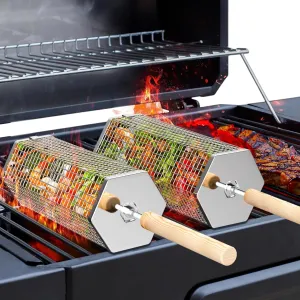 Rolling Grill Baskets(2PCS, Hexagon), Removable Wooden Handle, 304 Stainless Steel, Nesting Grilling Net, BBQ Accessories Tools for Vegetables Shrimp, Outdoor Cooking Camping, Birthday Gifts for Men Dad Husband