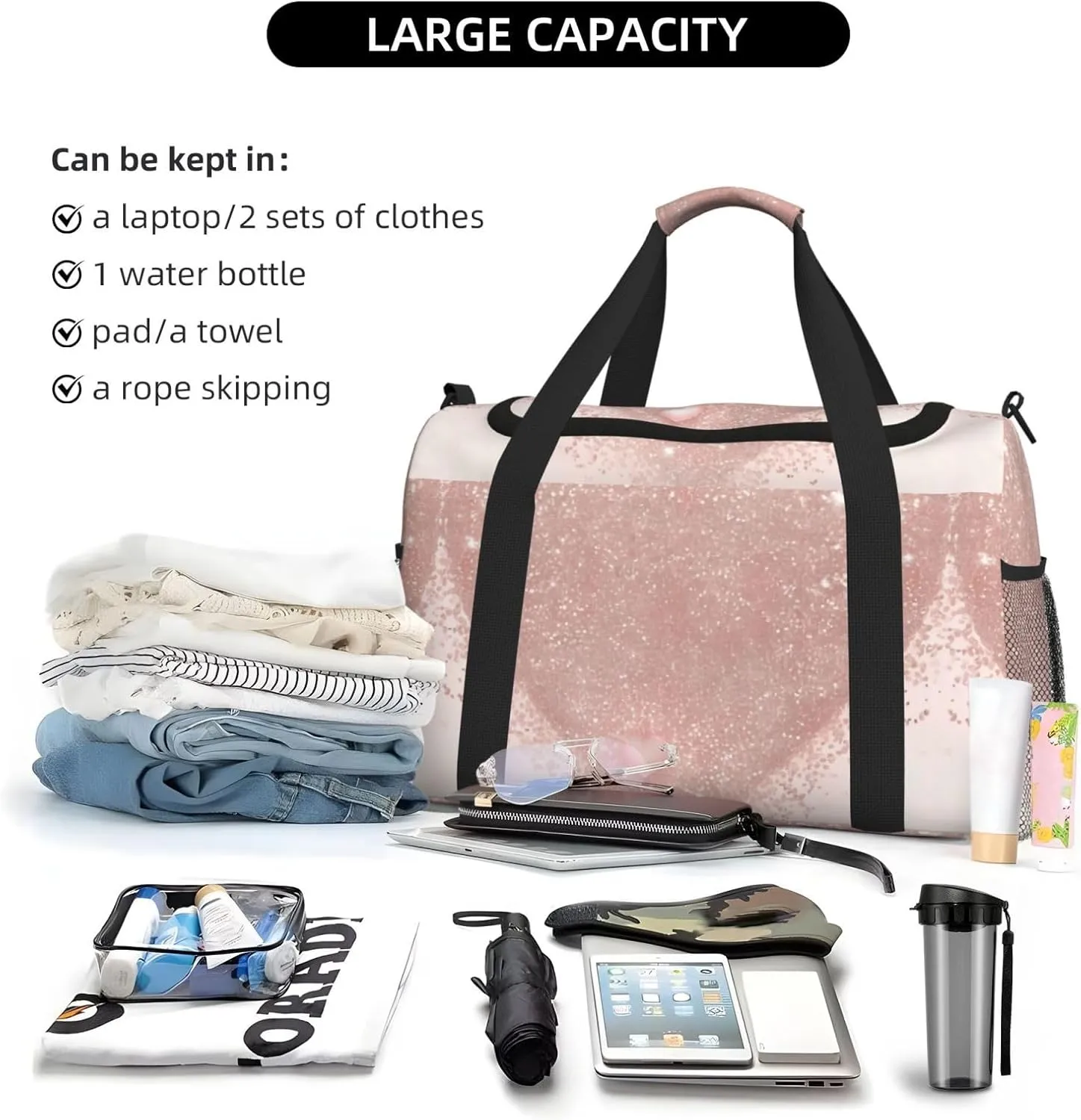 Rose Gold Wallpaper Travel Duffel Bag With Zippers And Handles, Big Foldable Duffle Bag For Family Vacations
