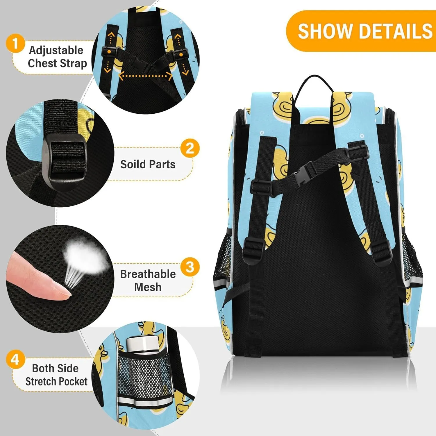 Rubber Duck Backpack Large Capacity Bookbag for Boys and Girls 16 Inches, with Night Reflective Strips, Multifunctional Computer Bag School Bag Travel Shoulder Bag