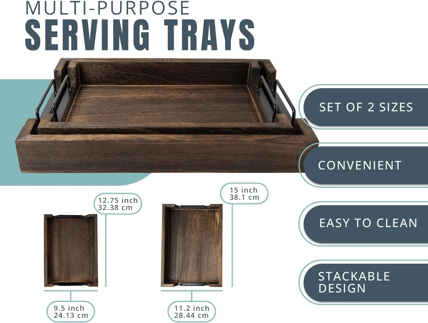 Rustic Wooden Serving Trays with Handle - Set of 2 - Large and Small, Nesting Multipurpose Trays - for Breakfast, Coffee Table/Butler & More - Rustic Brown