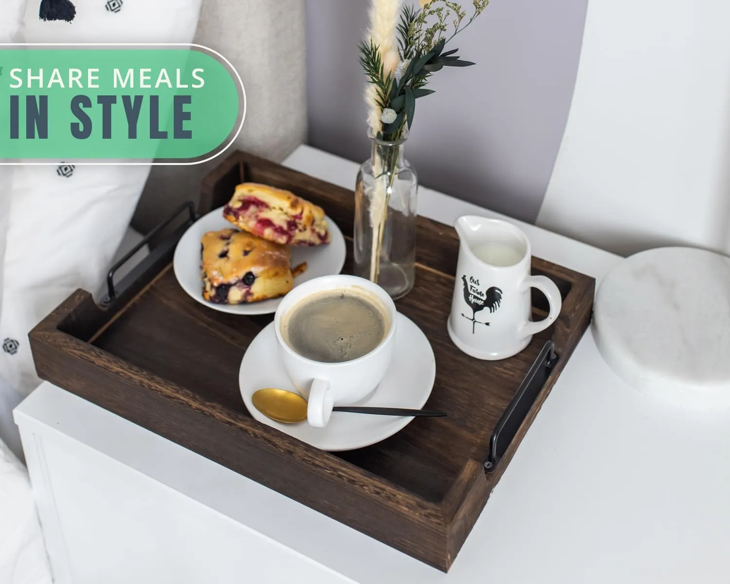 Rustic Wooden Serving Trays with Handle - Set of 2 - Large and Small, Nesting Multipurpose Trays - for Breakfast, Coffee Table/Butler & More - Rustic Brown