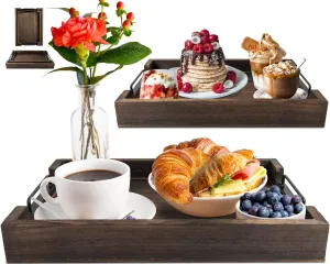 Rustic Wooden Serving Trays with Handle - Set of 2 - Large and Small, Nesting Multipurpose Trays - for Breakfast, Coffee Table/Butler & More - Rustic Brown
