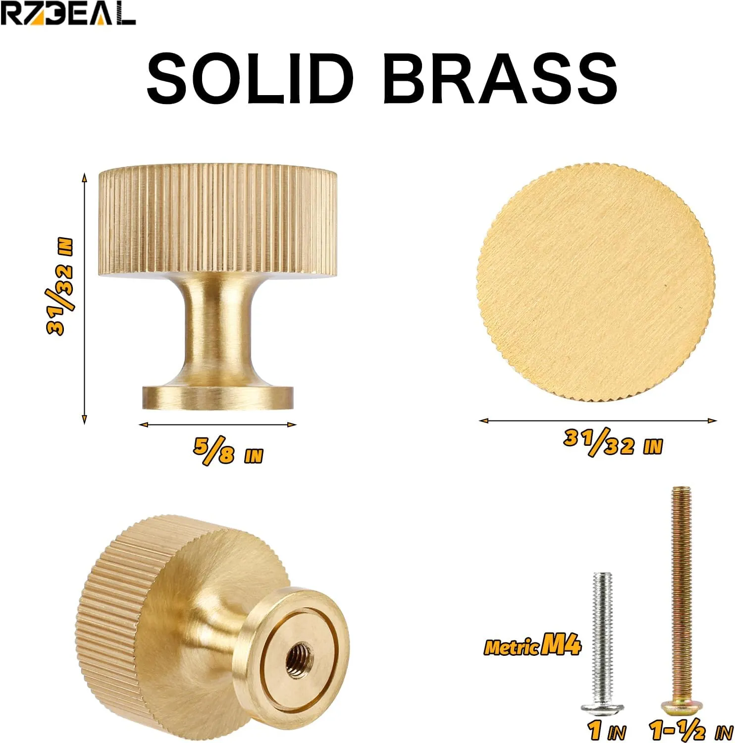 RZDEAL 6pcs Solid Brass Cabinet Knobs Pulls - Gold Modern Handles (1"x1"/25mmx25mm), Brushed Brass Finish