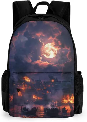 Sailing Ship Moon Burning Village Fashion Backpack Light Weight Daily Travel Hiking Laptop Shoulder Bag