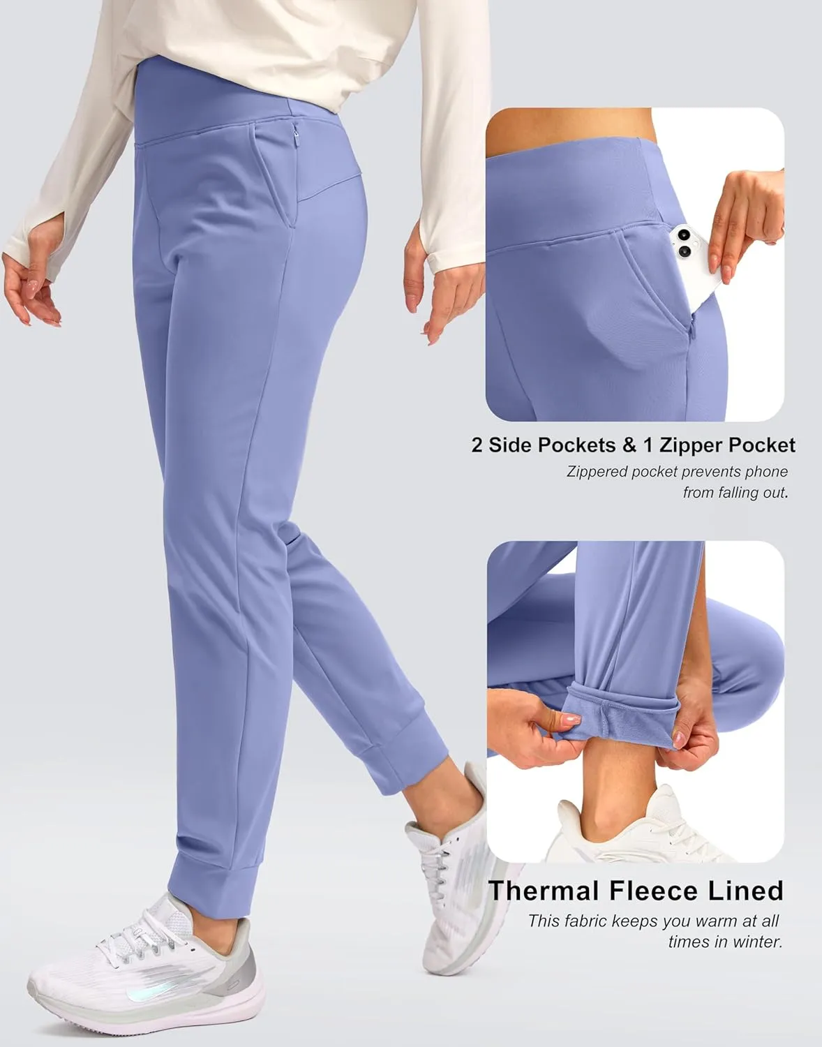 SANTINY Women's Fleece Lined Joggers Water Resistant High Waisted Thermal Sweatpants Winter Pants Hiking Running Pockets