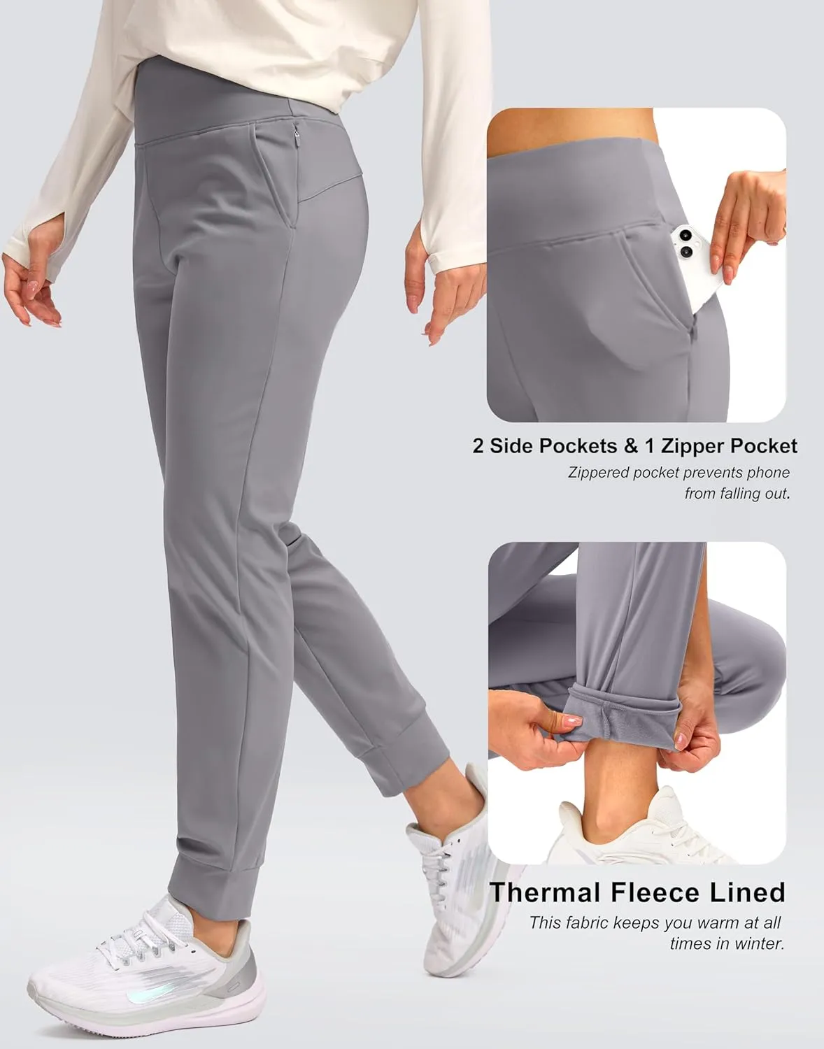 SANTINY Women's Fleece Lined Joggers Water Resistant High Waisted Thermal Sweatpants Winter Pants Hiking Running Pockets