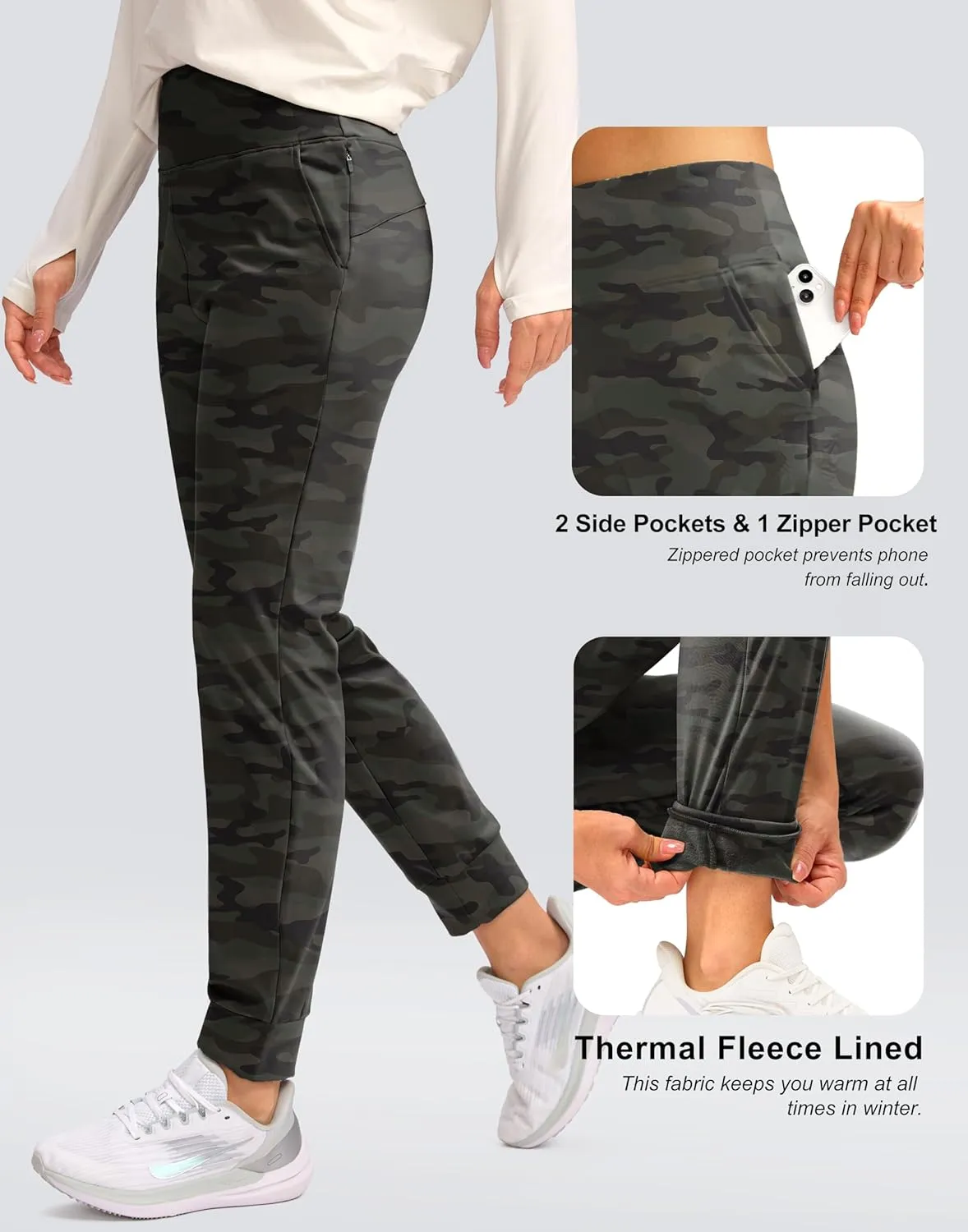 SANTINY Women's Fleece Lined Joggers Water Resistant High Waisted Thermal Sweatpants Winter Pants Hiking Running Pockets