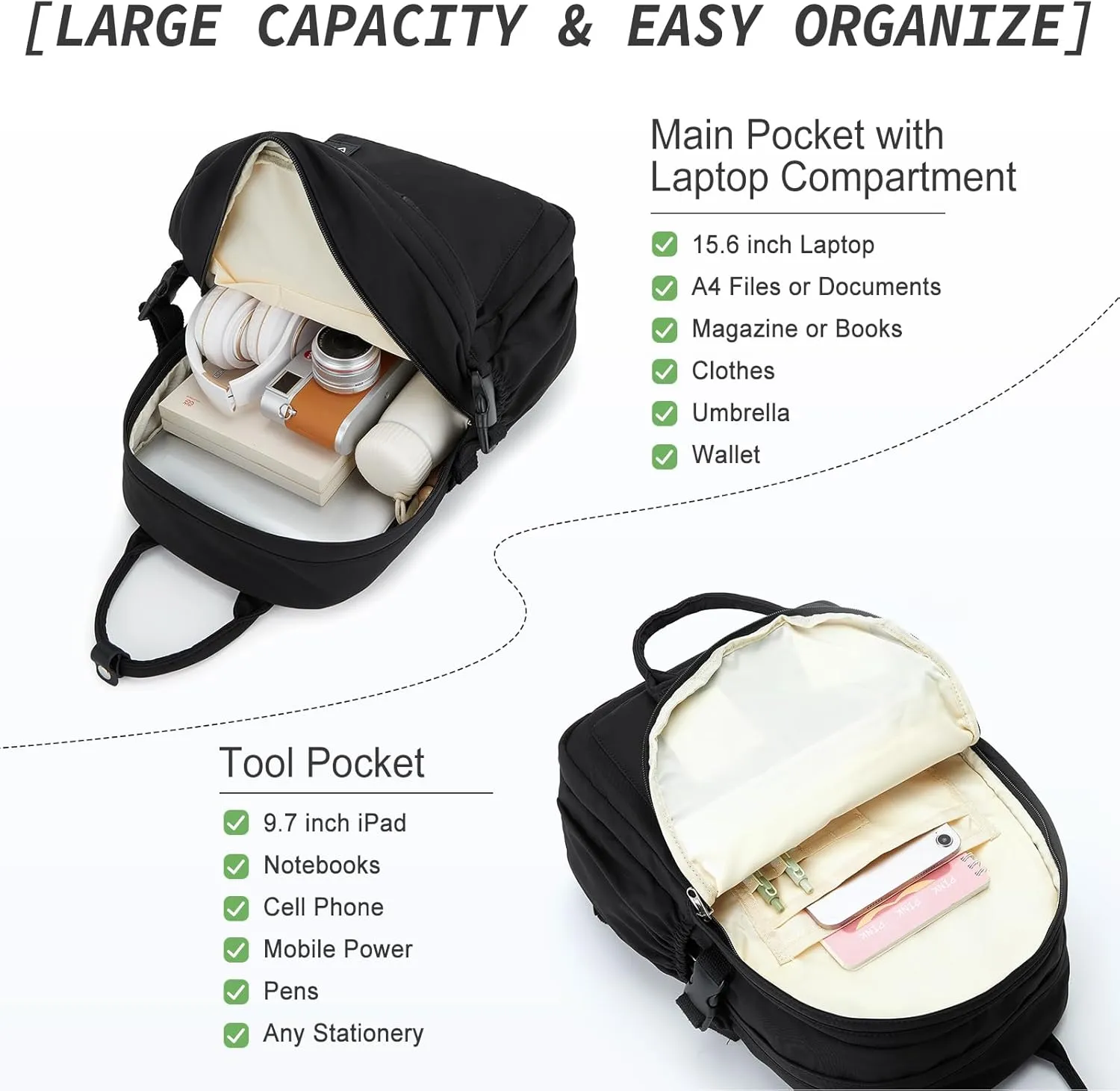 School Backpack for Girl Boys Cute Middle School Student Bookbag Waterproof College Aesthetic Backpack Work Laptop Backpack Rucksack Casual Travel Daypack Black