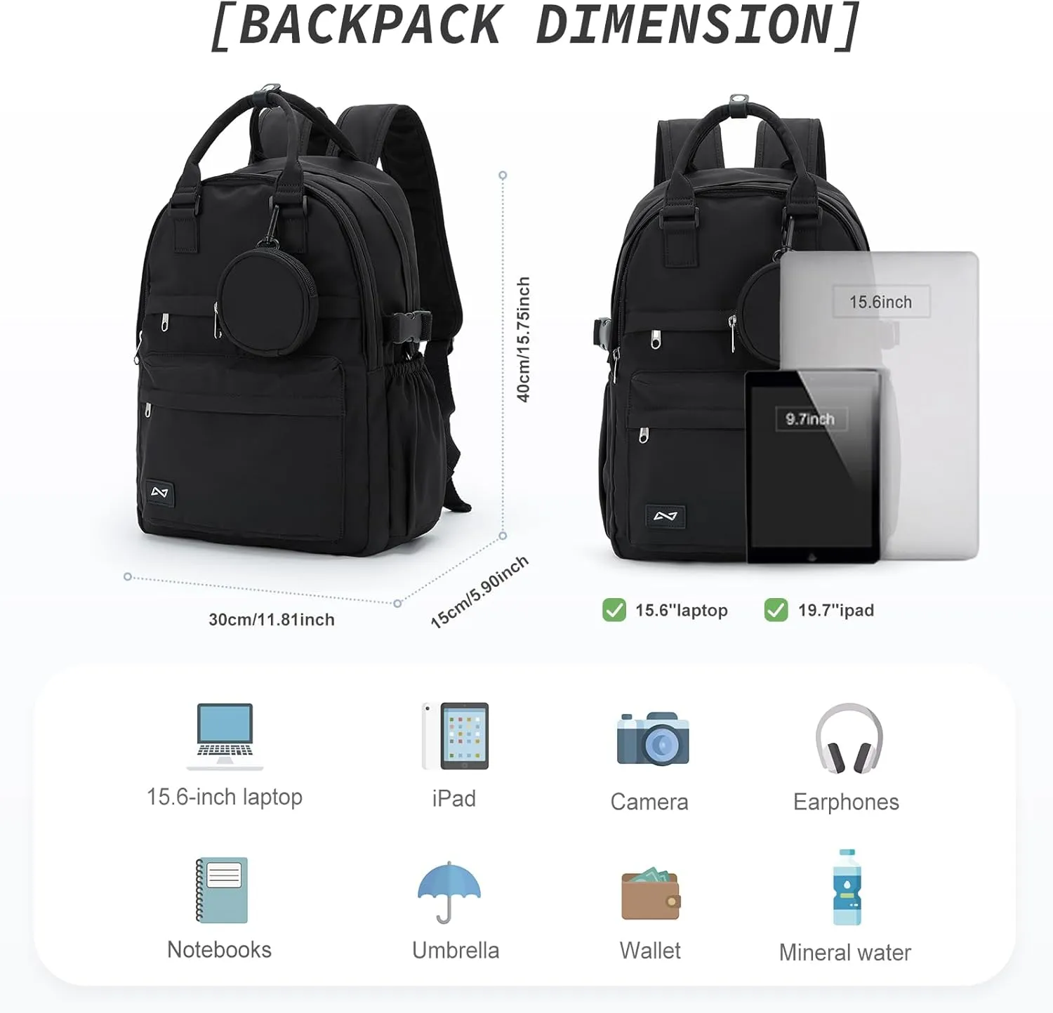 School Backpack for Girl Boys Cute Middle School Student Bookbag Waterproof College Aesthetic Backpack Work Laptop Backpack Rucksack Casual Travel Daypack Black