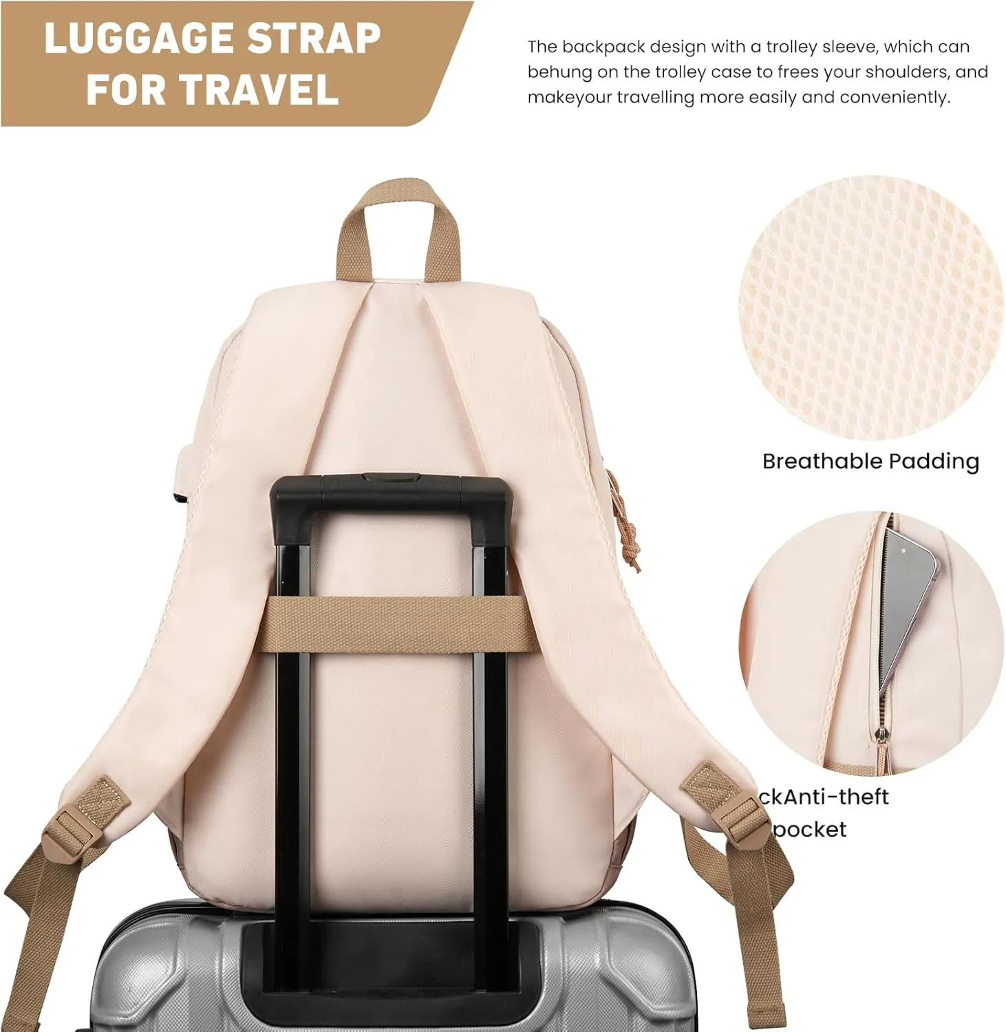 School Backpack for Teens Girls, Cute Student Bookbag Large 15.6 Inch Laptop Bag Aesthetic College Backpacks for Women High School Travel (Khaki Beige)