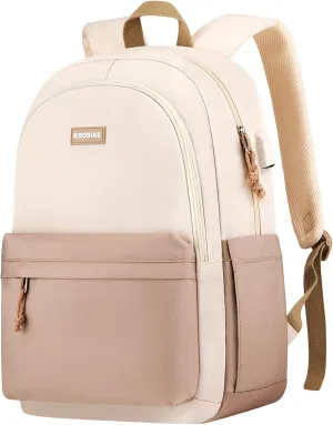 School Backpack for Teens Girls, Cute Student Bookbag Large 15.6 Inch Laptop Bag Aesthetic College Backpacks for Women High School Travel (Khaki Beige)