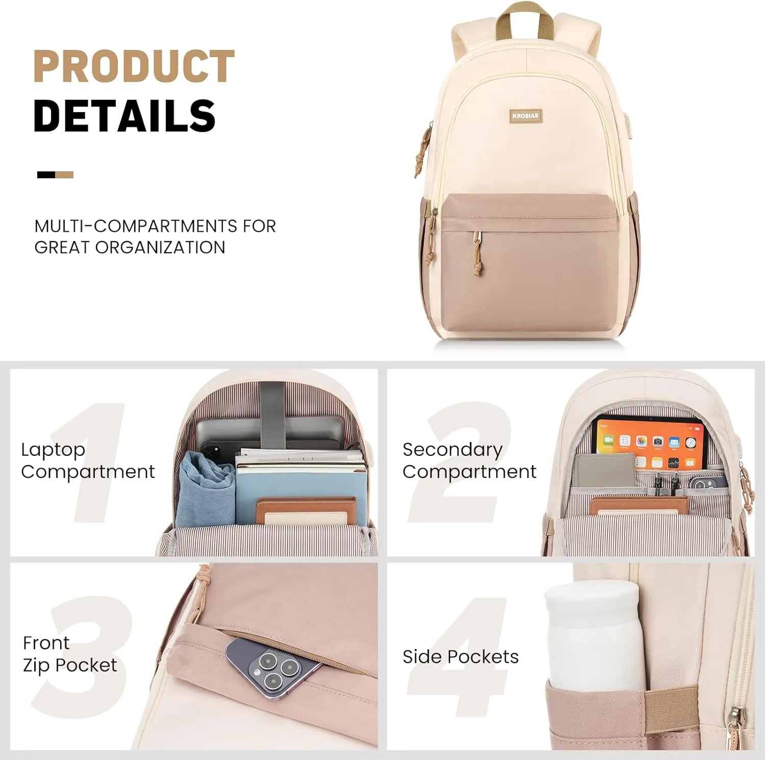 School Backpack for Teens Girls, Cute Student Bookbag Large 15.6 Inch Laptop Bag Aesthetic College Backpacks for Women High School Travel (Khaki Beige)
