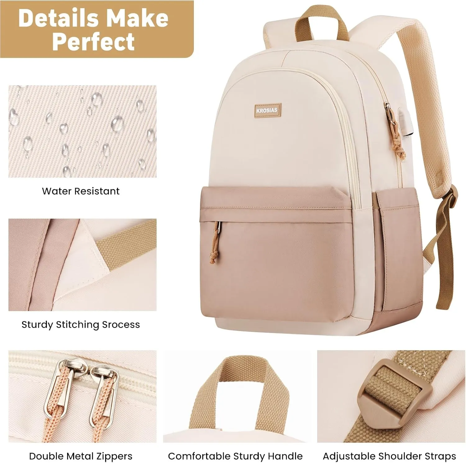 School Backpack for Teens Girls, Cute Student Bookbag Large 15.6 Inch Laptop Bag Aesthetic College Backpacks for Women High School Travel (Khaki Beige)
