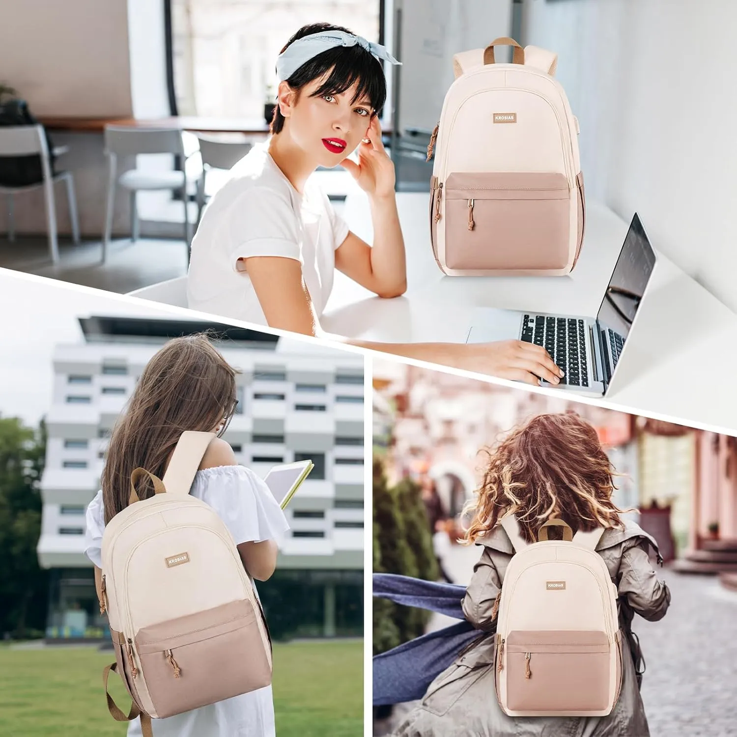 School Backpack for Teens Girls, Cute Student Bookbag Large 15.6 Inch Laptop Bag Aesthetic College Backpacks for Women High School Travel (Khaki Beige)