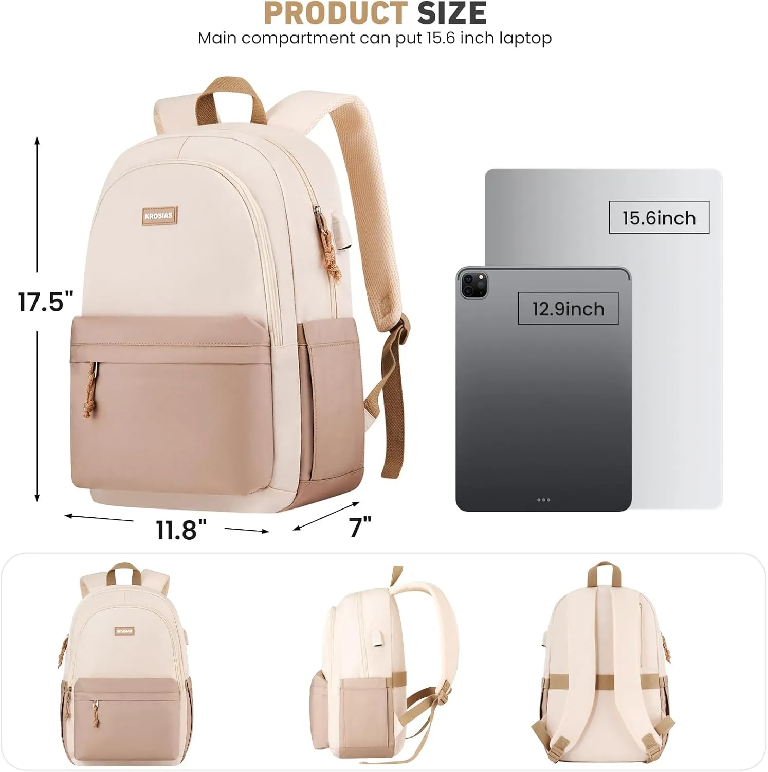 School Backpack for Teens Girls, Cute Student Bookbag Large 15.6 Inch Laptop Bag Aesthetic College Backpacks for Women High School Travel (Khaki Beige)