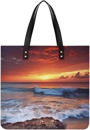 Sea Water Dusk Beach Sunset Handbag Leather Tote Shoulder Bag Satchel Handbag with Top Handles Large Casual Handbags with Shoulder Work Bag for Women Travel Purse Dating Gift