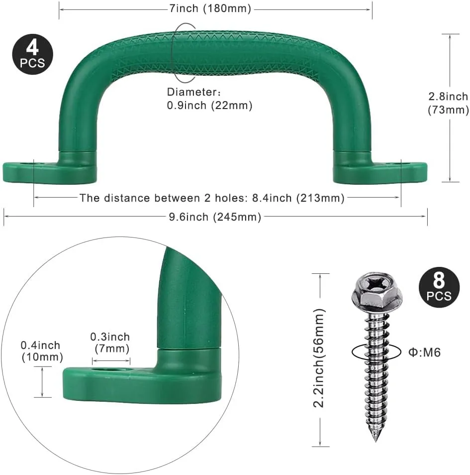 SELEWARE Green Playground Safety Handles, Non-Slip Plastic Kids Playground Grab Handles, Durable Indoor Outdoor Playset Handle for Playhouse, Treehouse, Climbing Frame, Jungle Gym, Swing Set, 4 Pack