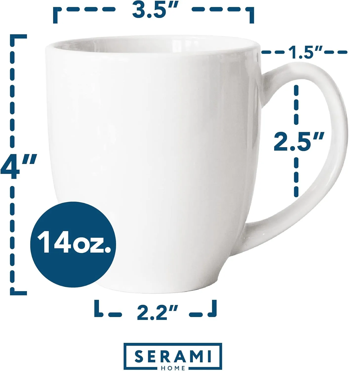 Serami 14oz Bistro White Mugs for Coffee or Tea. Large Handles and Ceramic Construction, Set of 4