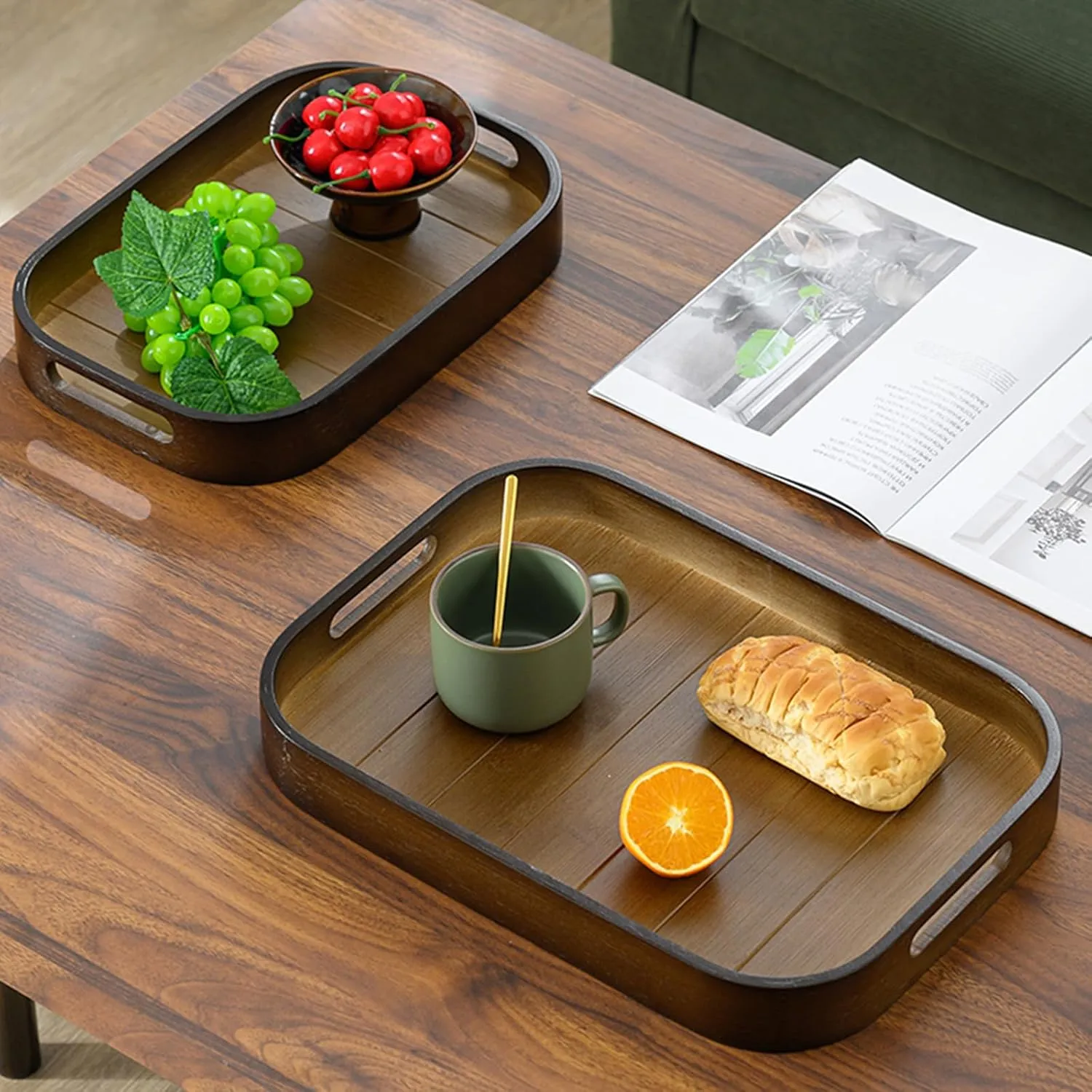 Serving Trays 15.7x11in with Handles Bamboo Coffee Table Tray Wooden Tray for Ottoman Food Trays for Breakfast/Kitchen
