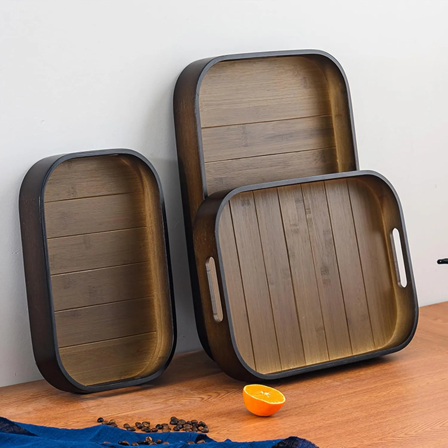 Serving Trays 15.7x11in with Handles Bamboo Coffee Table Tray Wooden Tray for Ottoman Food Trays for Breakfast/Kitchen