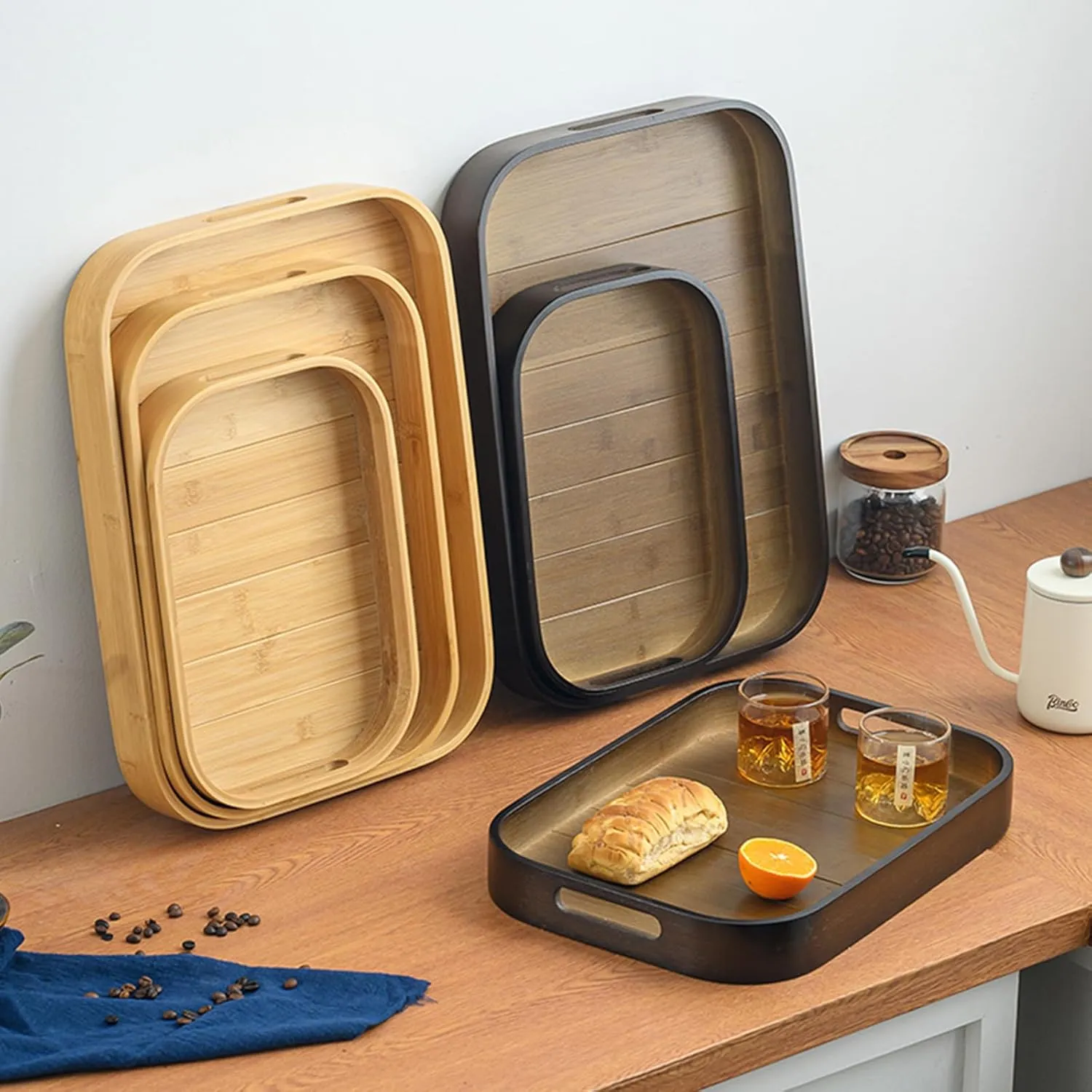 Serving Trays 15.7x11in with Handles Bamboo Coffee Table Tray Wooden Tray for Ottoman Food Trays for Breakfast/Kitchen