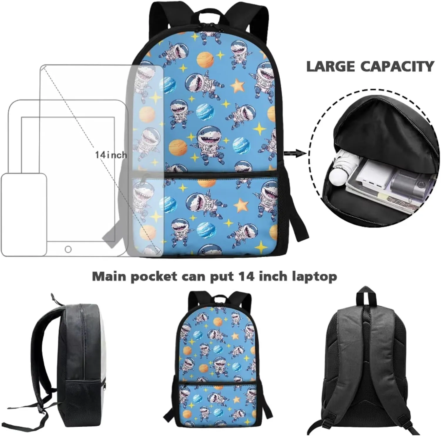 Shark Planet Star Print School Bag for School Girls Boys Backpack Purse Lightweight Schoolbag Boogbag with Lunch Box Pencil Case for Elementary Primary Bagpack Satchel Travel Daypack