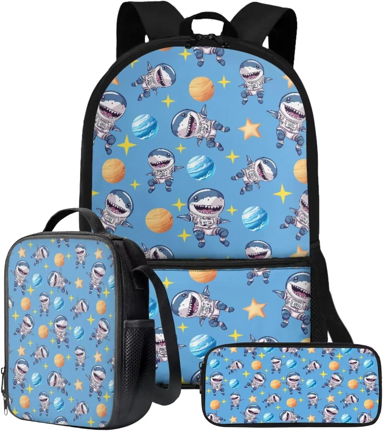 Shark Planet Star Print School Bag for School Girls Boys Backpack Purse Lightweight Schoolbag Boogbag with Lunch Box Pencil Case for Elementary Primary Bagpack Satchel Travel Daypack
