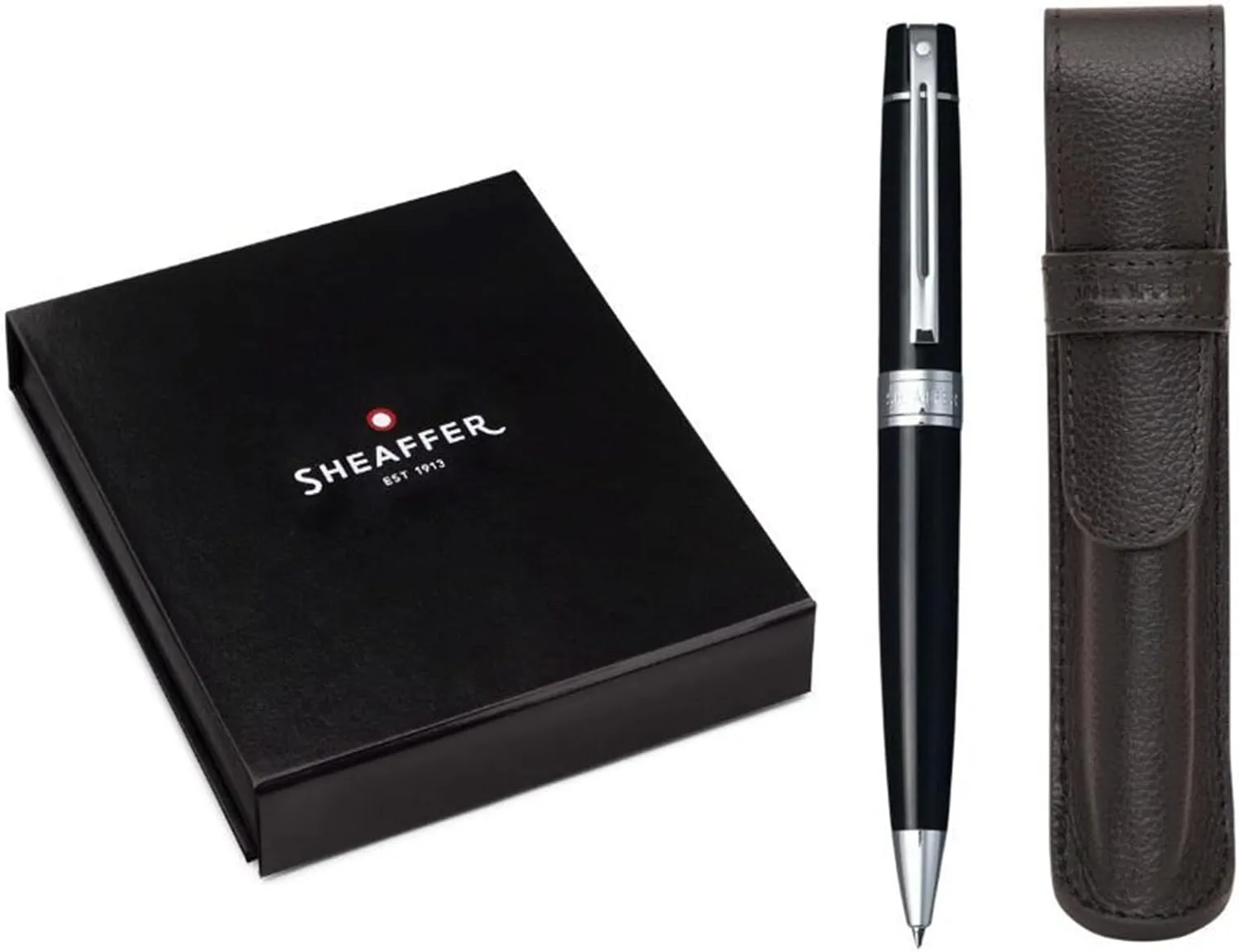 Sheaffer 300 Glossy Black Pen with Chrome-Plated Trim and Matching Pouch gift Set (Ballpoint)