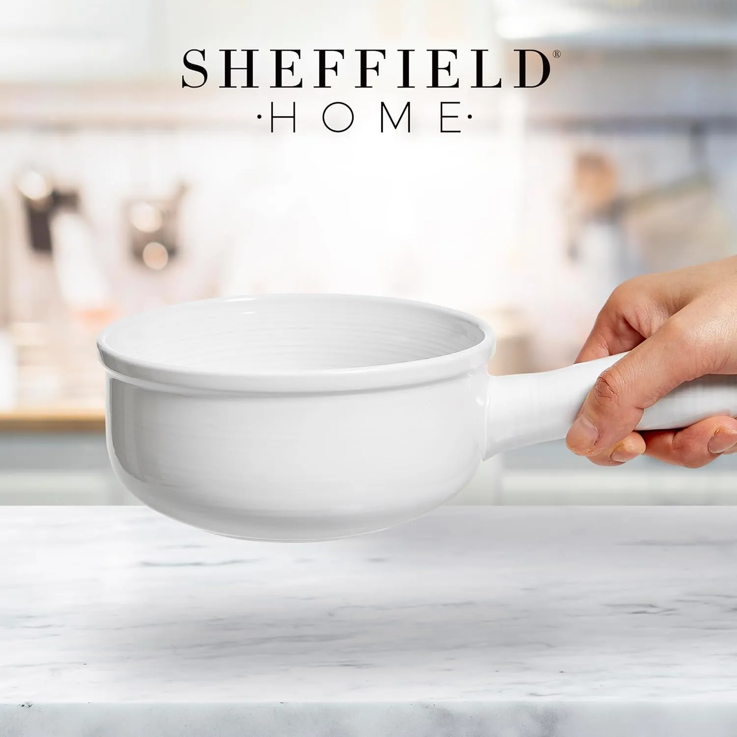 Sheffield Home French Onion Crocks, Set of 4 Ceramic Soup Bowls with Large Handles - 15oz Capacity, Dishwasher, Microwave and Oven Safe – White