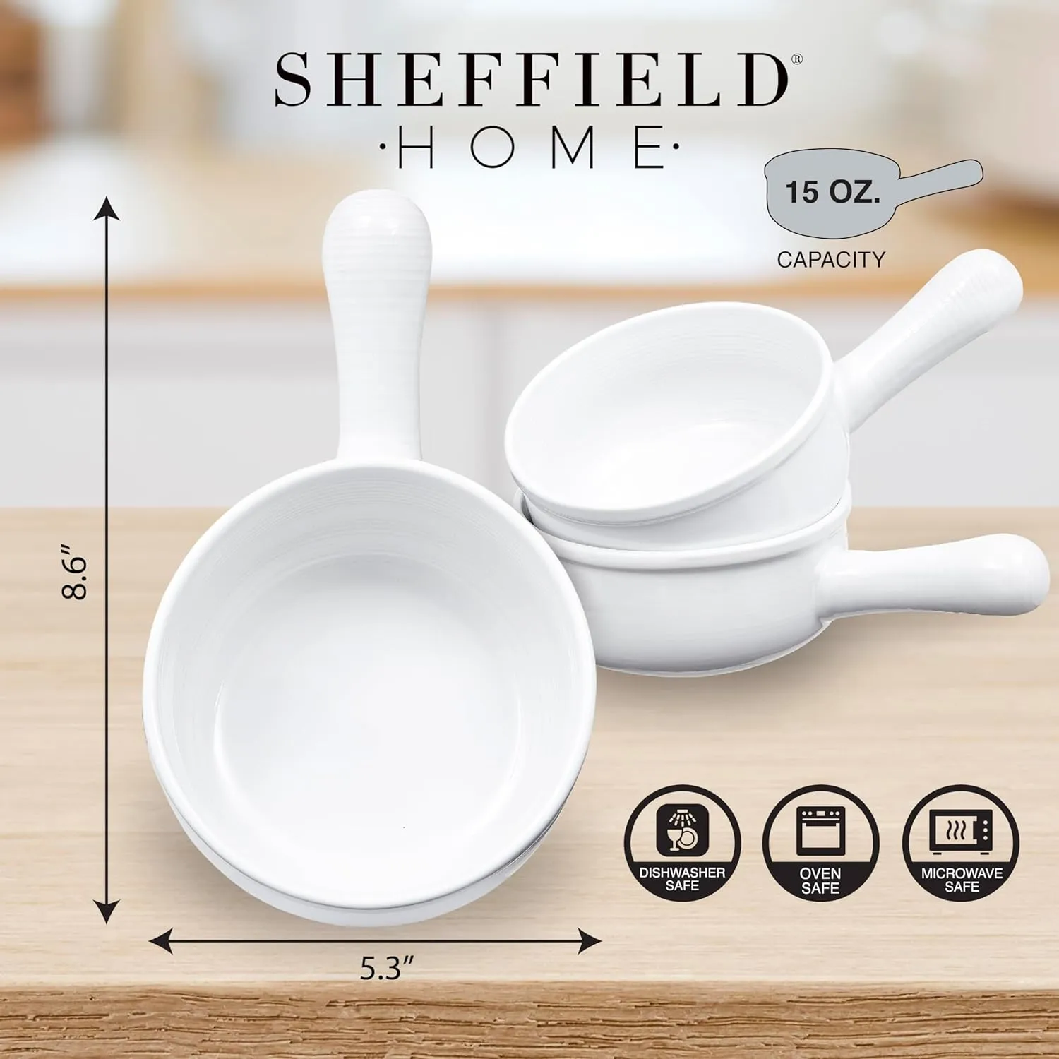 Sheffield Home French Onion Crocks, Set of 4 Ceramic Soup Bowls with Large Handles - 15oz Capacity, Dishwasher, Microwave and Oven Safe – White