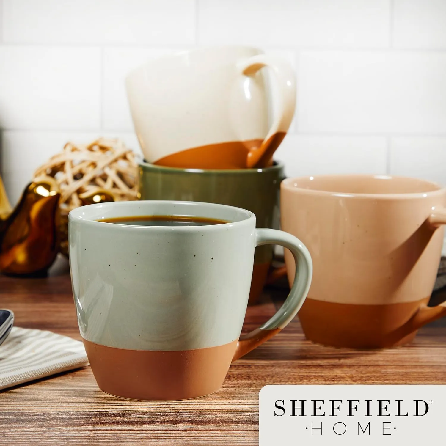 Sheffield Home - Set of 4, Large Stoneware 16oz Coffee Mugs with Handles - Dishwasher & Microwave Safe Ceramic - Ideal for Cappuccino, Espresso, Latte, or Tea - Assorted Neutrals