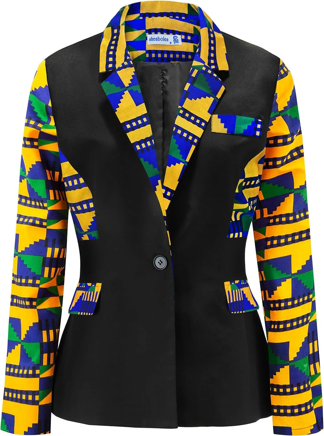 SHENBOLEN Women African Print Coat Notched Lapel Pocket Blazer Jacket