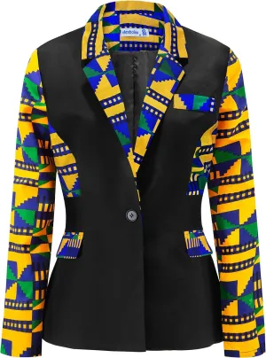 SHENBOLEN Women African Print Coat Notched Lapel Pocket Blazer Jacket