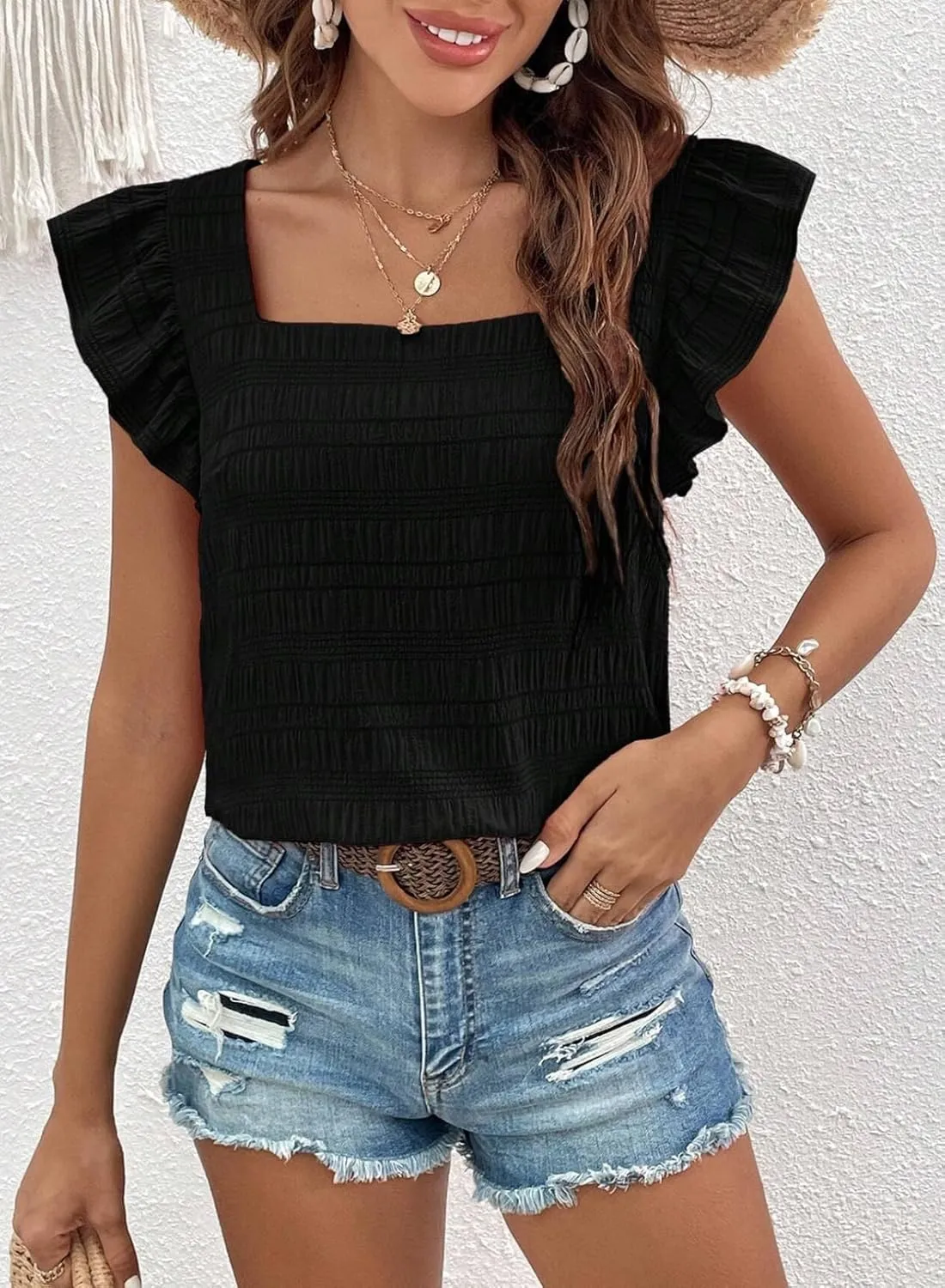 SHEWIN Women's Casual Summer Square Neck Tank Tops Sleeveless Ruffle Chiffon Blouses Top Shirts