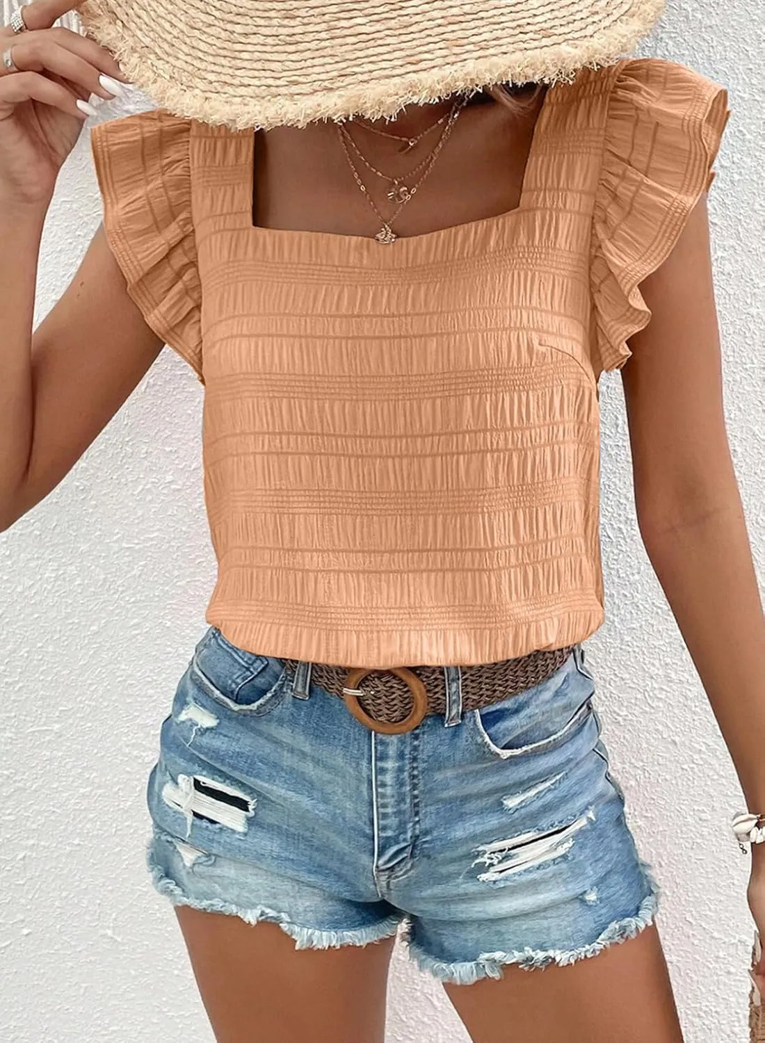 SHEWIN Women's Casual Summer Square Neck Tank Tops Sleeveless Ruffle Chiffon Blouses Top Shirts