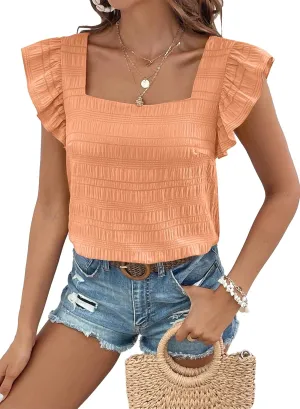SHEWIN Women's Casual Summer Square Neck Tank Tops Sleeveless Ruffle Chiffon Blouses Top Shirts