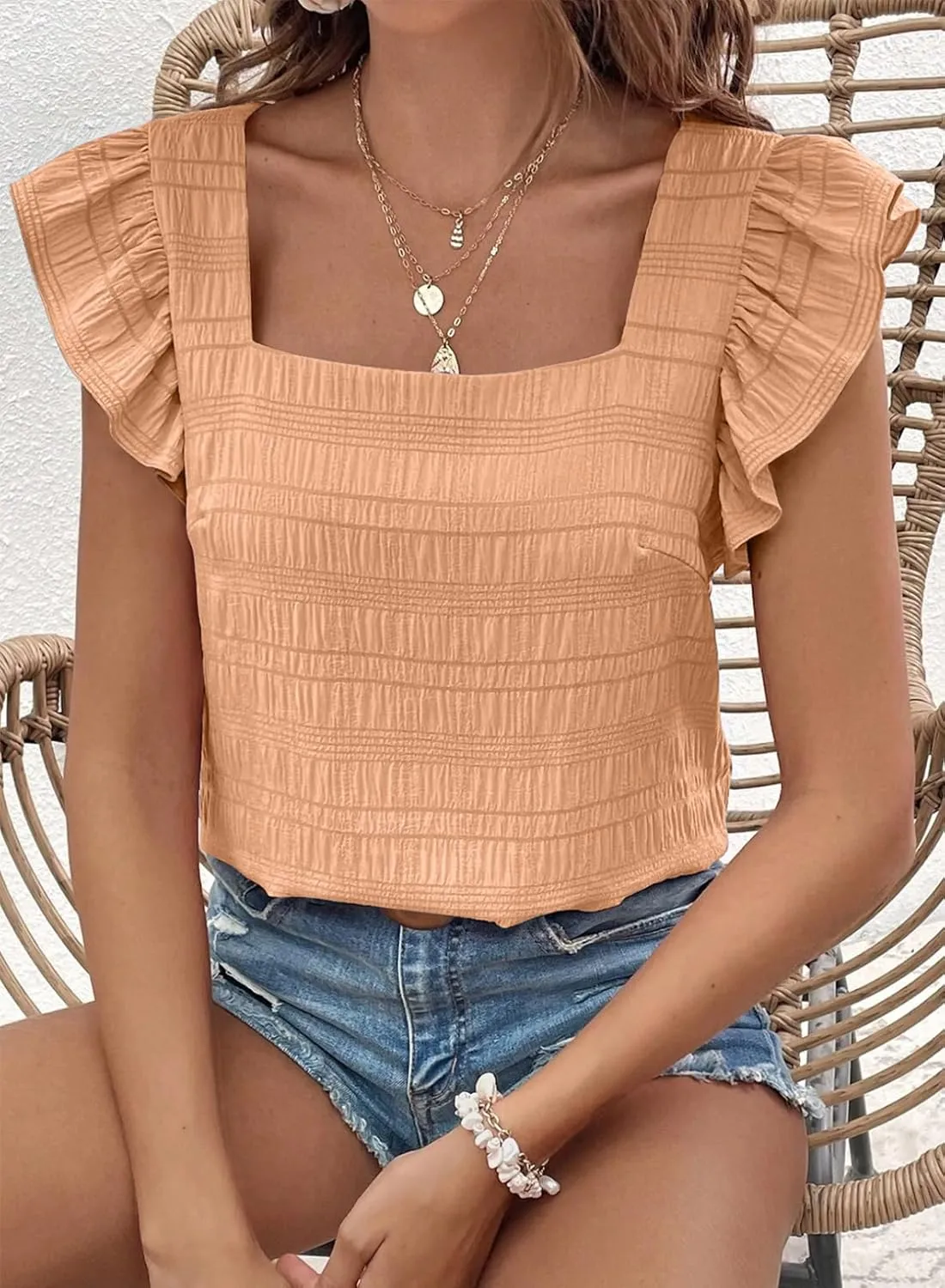 SHEWIN Women's Casual Summer Square Neck Tank Tops Sleeveless Ruffle Chiffon Blouses Top Shirts
