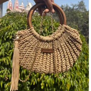 Shiroli Handmade Designer Beige Bag - Wooden Handle