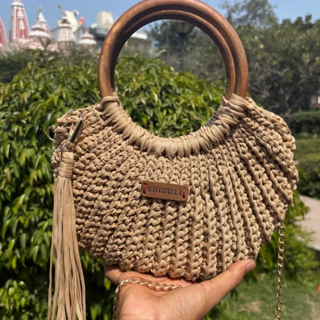Shiroli Handmade Designer Beige Bag - Wooden Handle