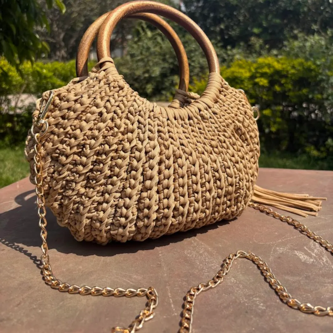 Shiroli Handmade Designer Beige Bag - Wooden Handle