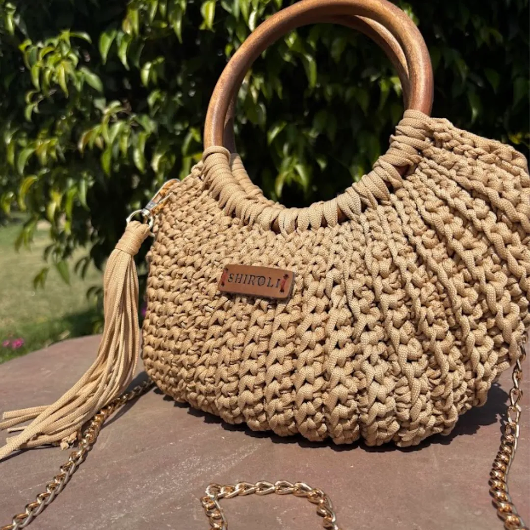 Shiroli Handmade Designer Beige Bag - Wooden Handle