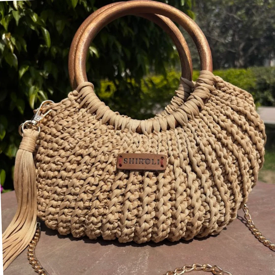 Shiroli Handmade Designer Beige Bag - Wooden Handle