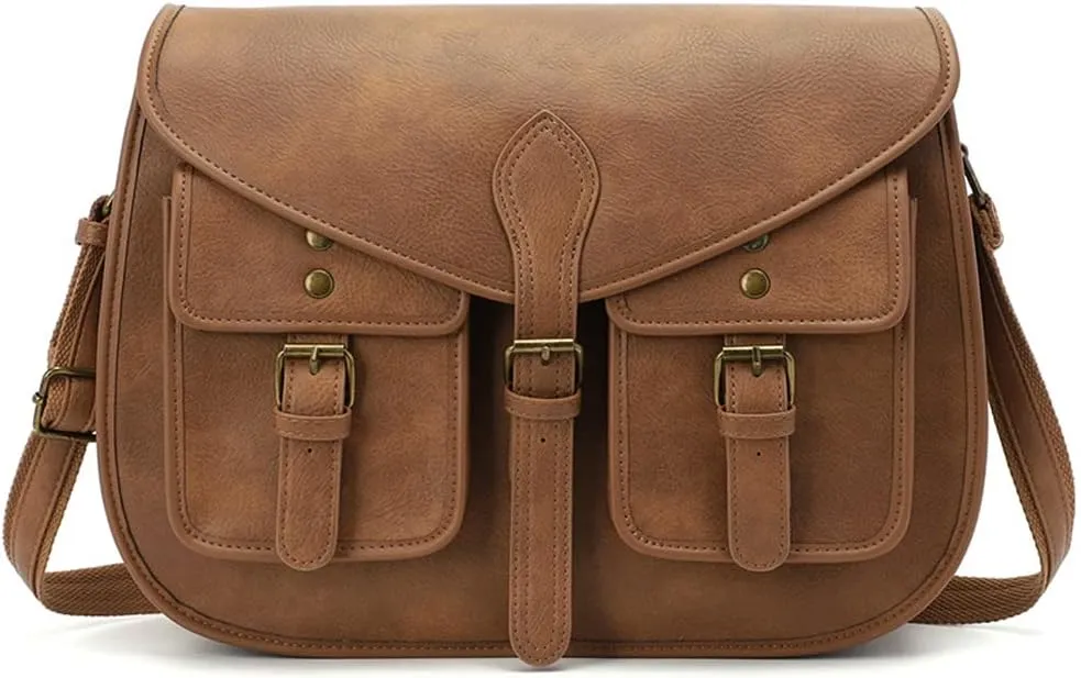 Shoulder Bag for Women Multi Pocket Crossbody Bag PU Leather Handbag Retro Satchel Large Capacity Purse