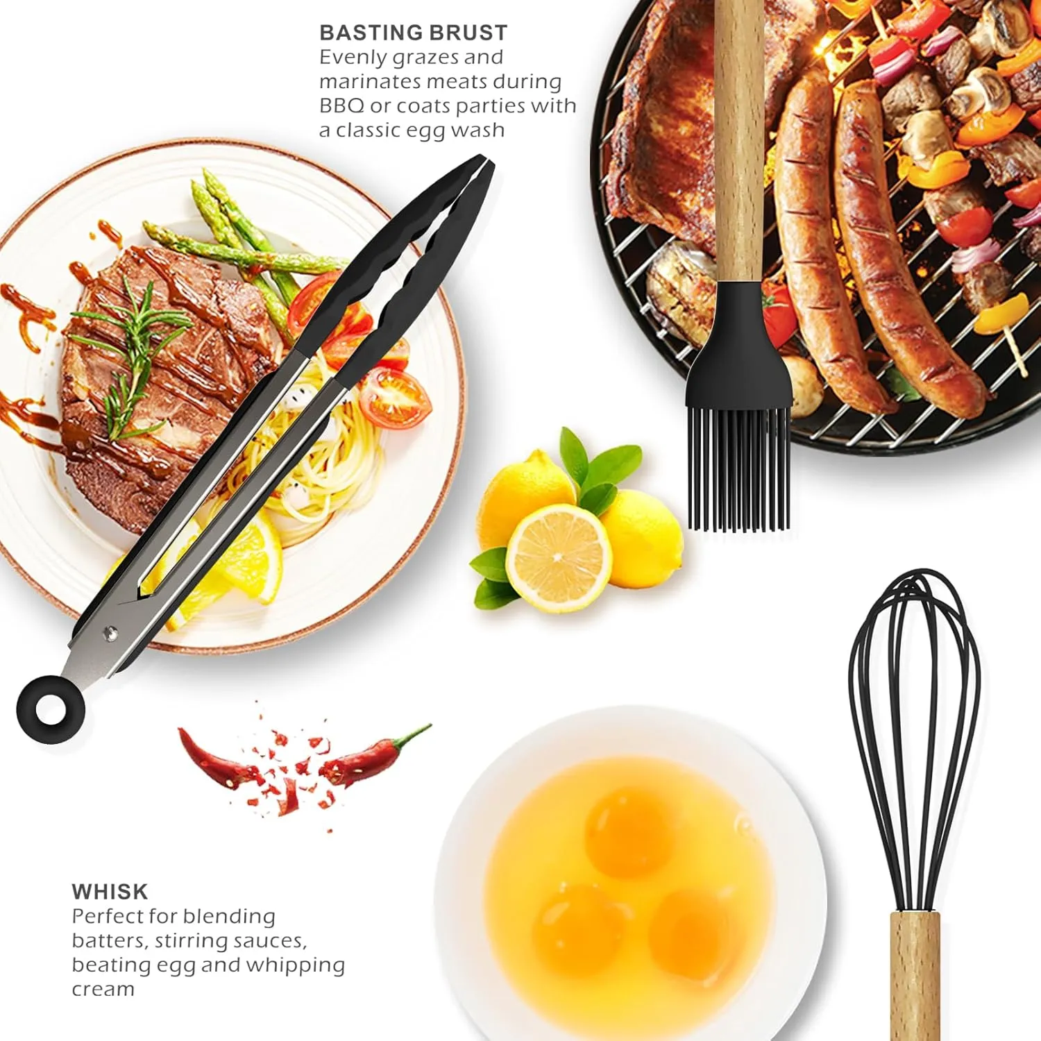 Silicone Cooking Utensils Set - 446°F Heat Resistant Silicone Kitchen Utensils for Cooking,Kitchen Utensil Spatula Set w Wooden Handles and Holder, BPA FREE Gadgets for Non-Stick Cookware (Black)