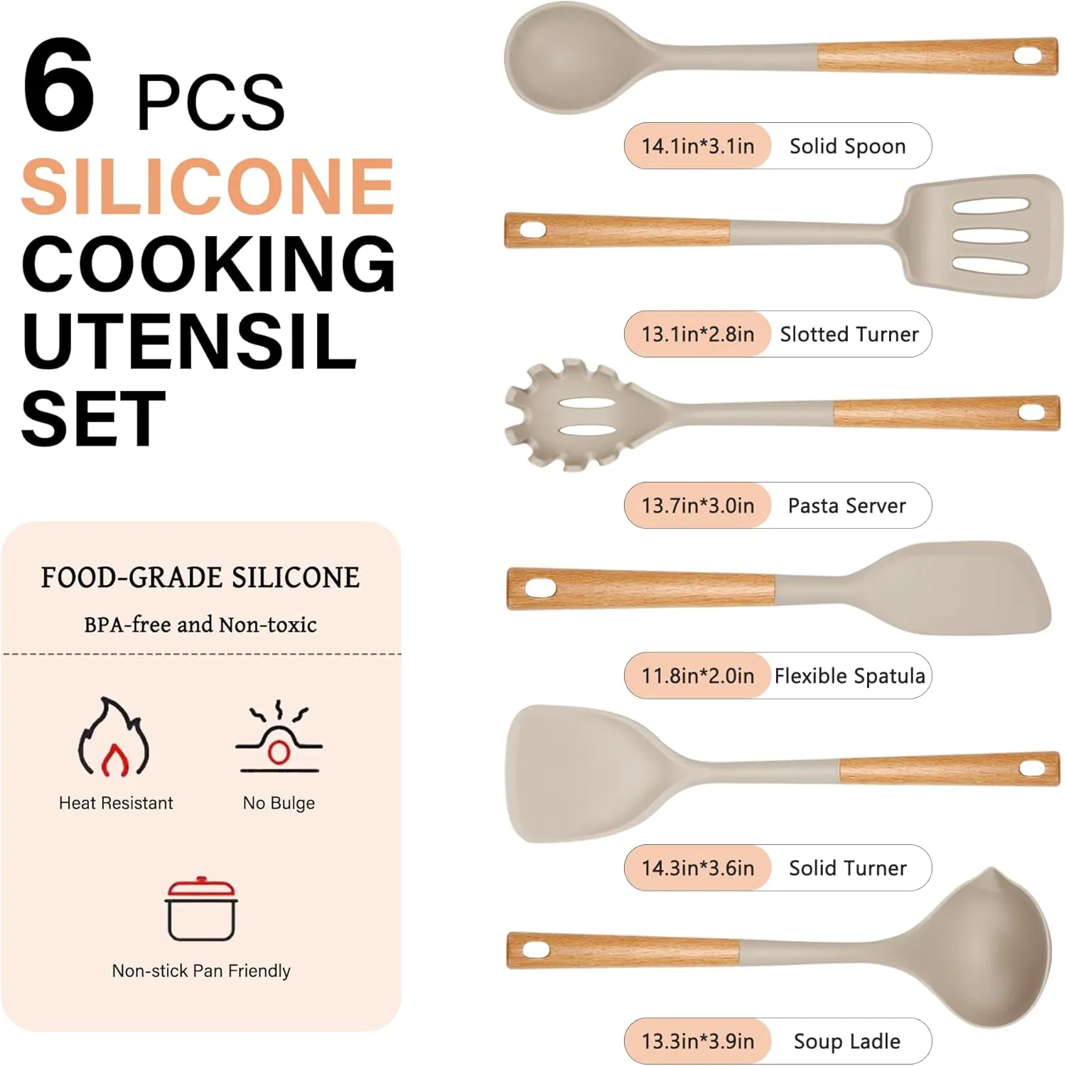 Silicone Cooking Utensils Set, Heat Resistance Large Kitchen Utensils Set with Long Wooden Handle, BPA-free Silicone Spatula, 6 Pcs Cooking Spoons for Non Stick Frying Pans and Pots(Khaki）