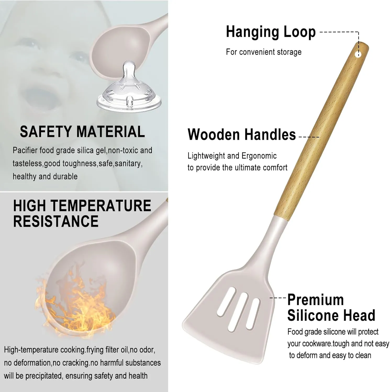 Silicone Kitchen Cooking Utensils Set - Heat Resistant/Non-stick/Non Toxic/BPA Free Silicon Spoons Spatula Whisk Tongs Wooden Handle Kitchen Gadgets Utensil Set with Holder (Khaki)